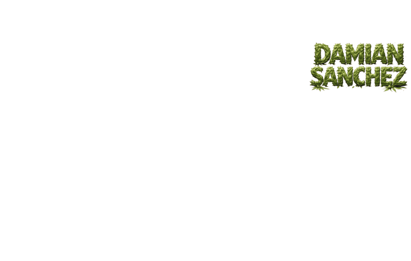 Damian Sanchez text logo featuring green cannabis leaf texture and foliage motifs.