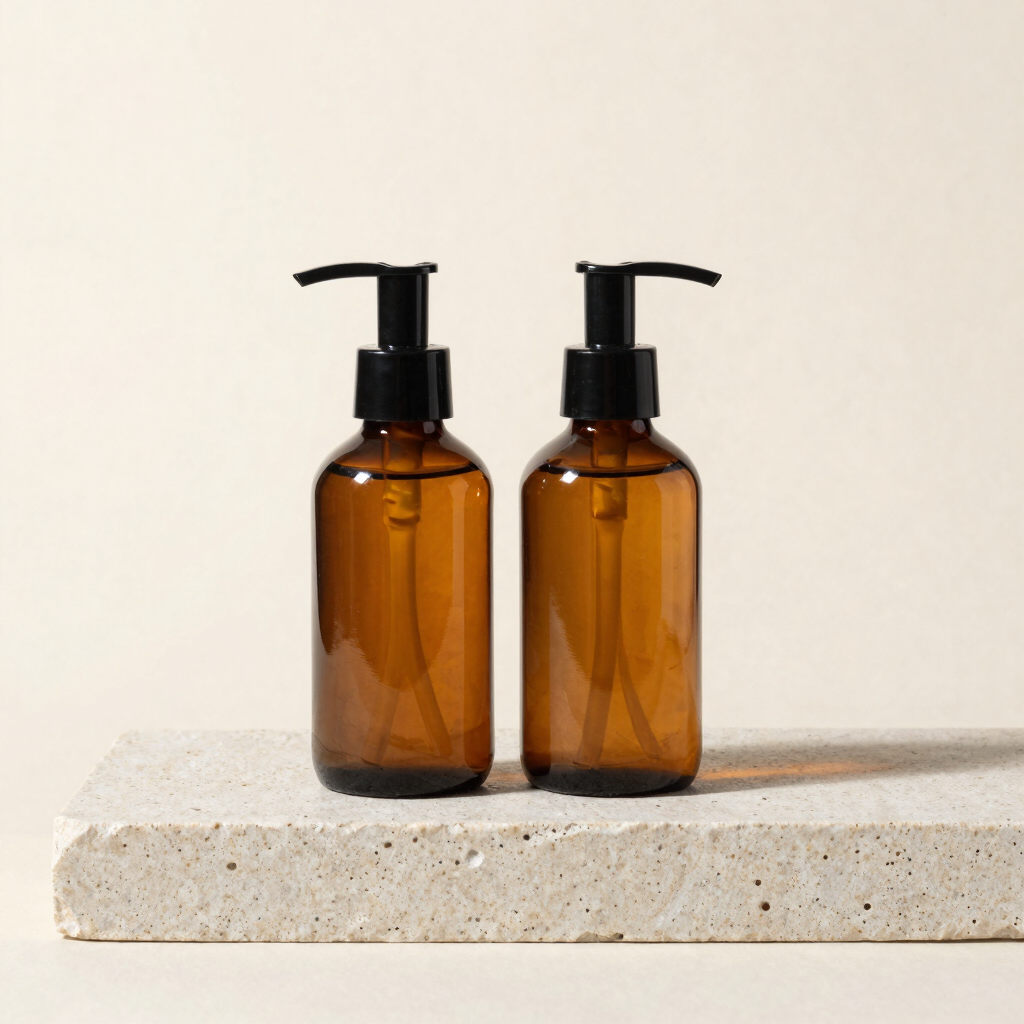 Amber Glass Soap Dispenser Set