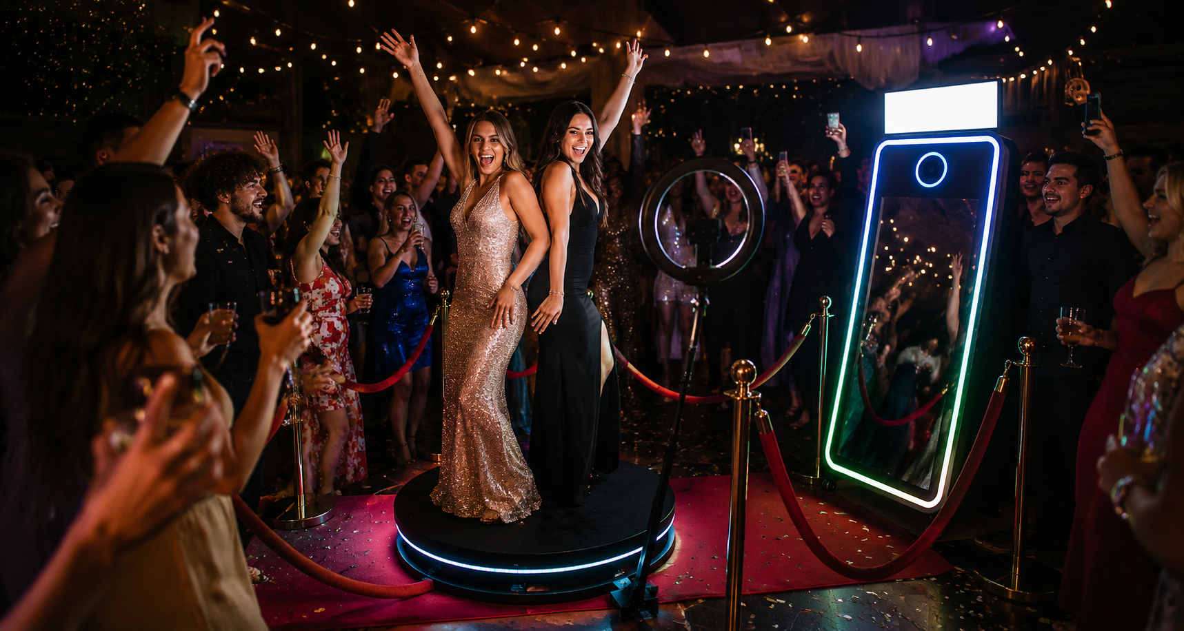 Dos chicas en la plataforma giratoria con gente alrededor de fiesta