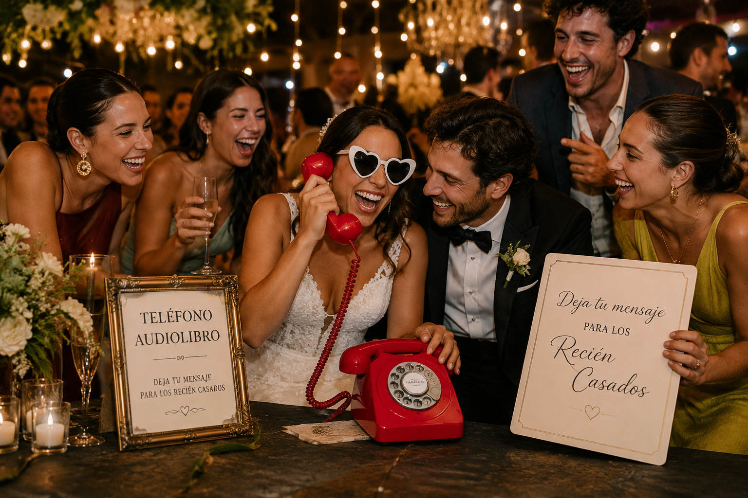 Invitados de boda dejando mensajes de voz en el teléfono audiolibro