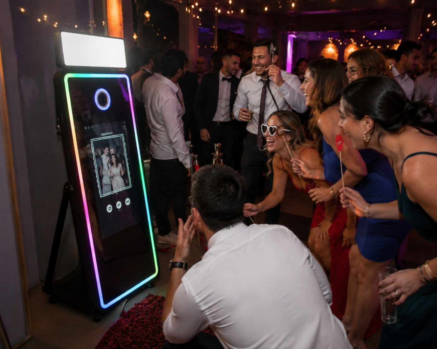 Grupo de personas divirtiéndose frente al espejo mágico en una boda
