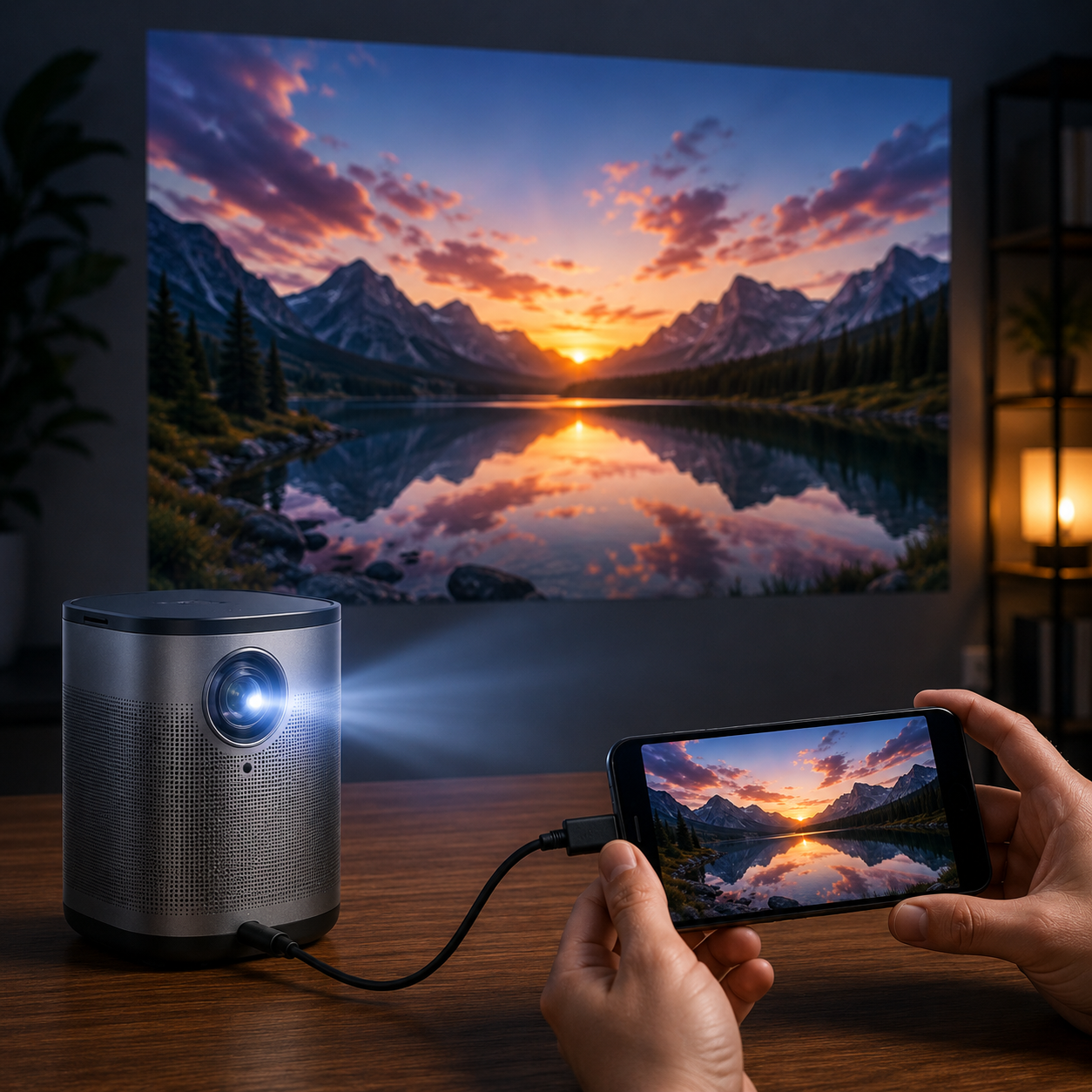 Móvil conectado a un mini proyector portátil