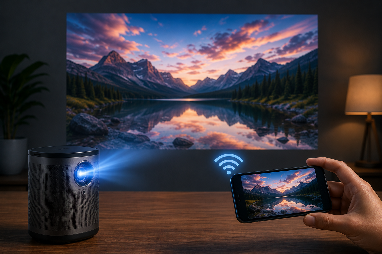 Móvil conectando por WiFi a un mini proyector portátil de forma inalámbrica