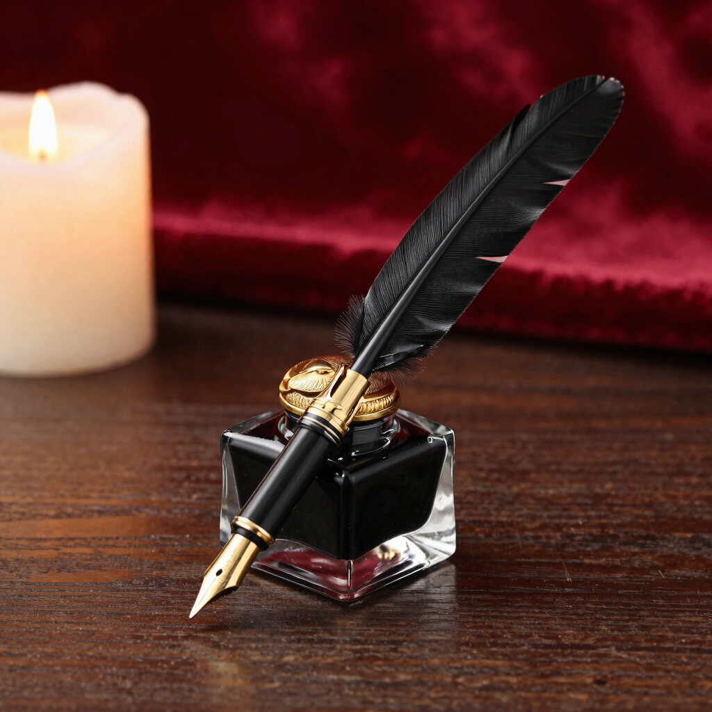 Gilded Quill and Inkwell Set