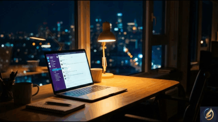 Modern workspace at city night lights with a softly glowing laptop, inviting professional collab.