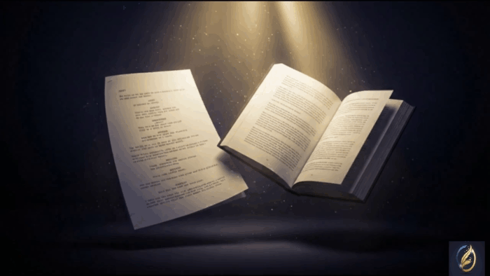 Cinescene of an open book and screenplay pages in golden light, evoking a screenwriter’s portfolio