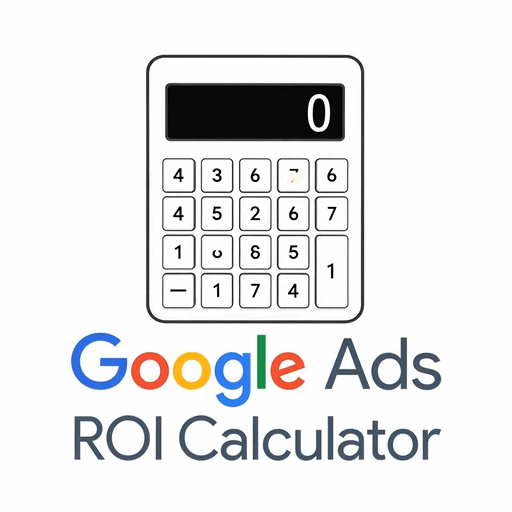 White calculator icon with Google Ads ROI Calculator text for marketing performance tracking.