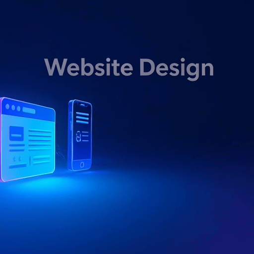 Neon glowing responsive website design layout with desktop and mobile phone wireframes.