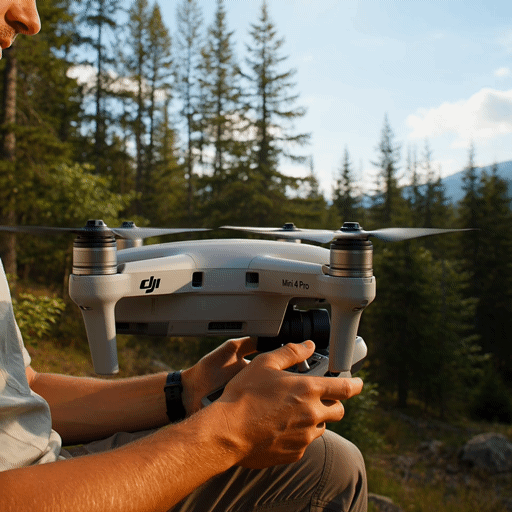 A man holds a DJI Mini 4 Pro drone and remote controller outdoors with a pine forest background.