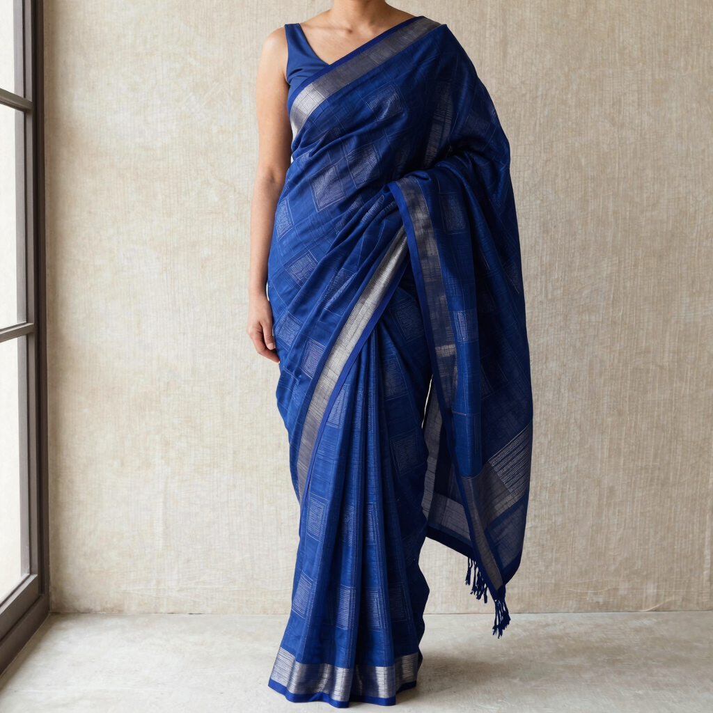 Indigo Hand-Block Chanderi Saree