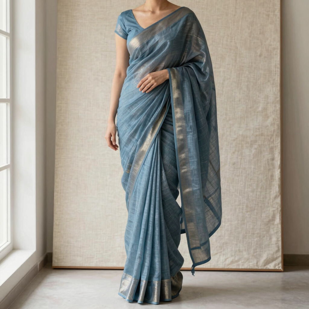 Slate Blue Linen Tissue Saree