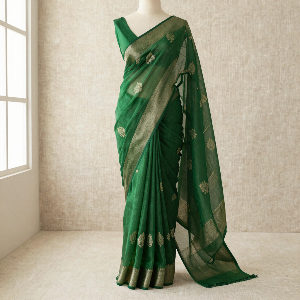 Forest Green Jamdani Cotton Saree