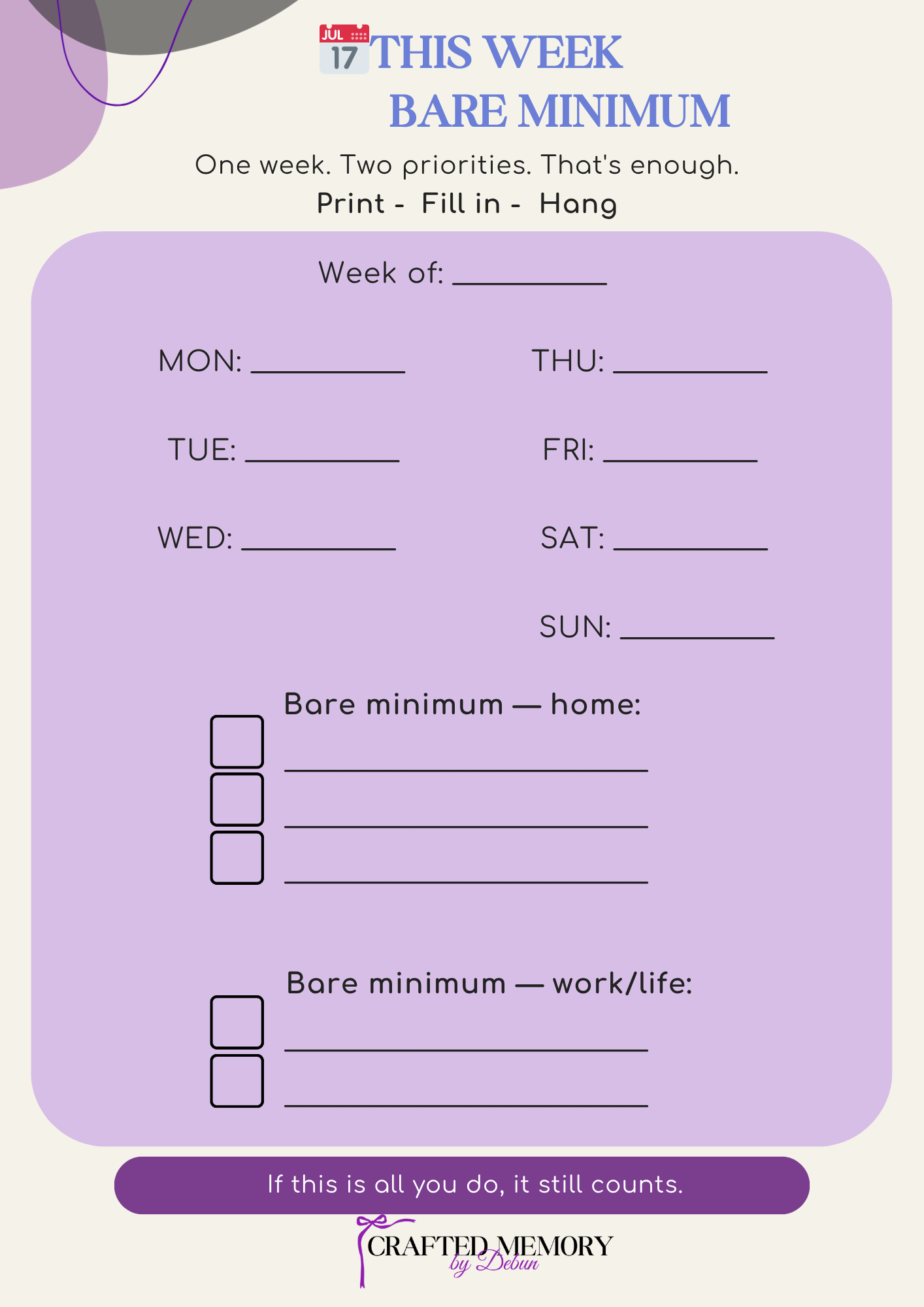 This Week Bare Minimum printable fridge card