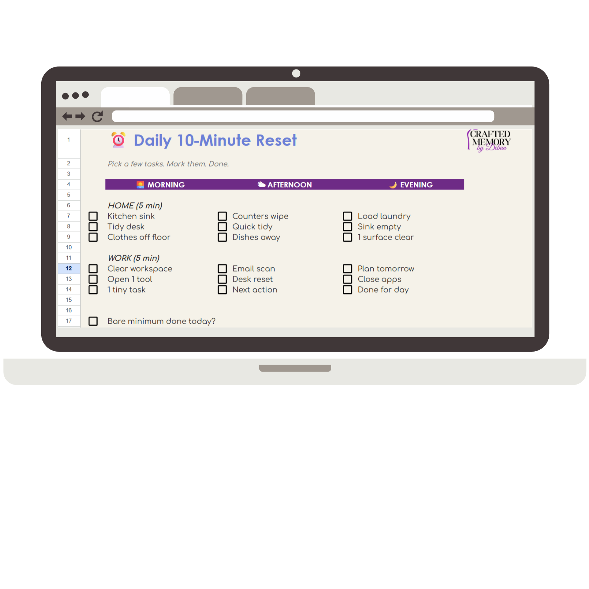 ADHD Home Reset Planner mockup shown on a laptop