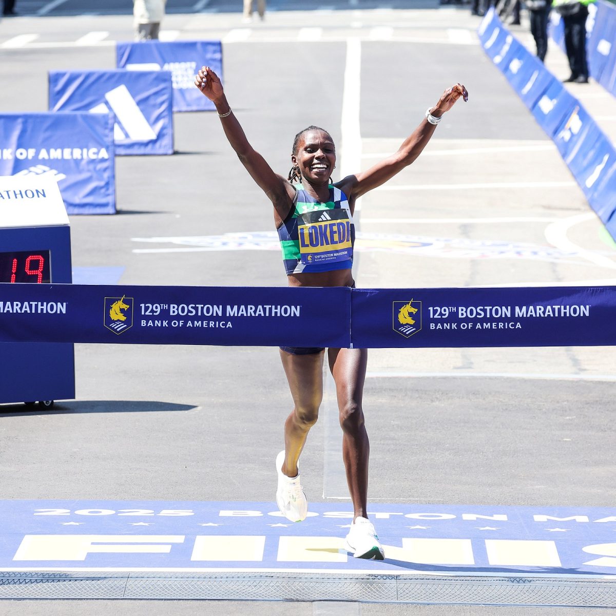 Sharon Lokedi celebrating her course record victory at the 2025 Boston Marathon.