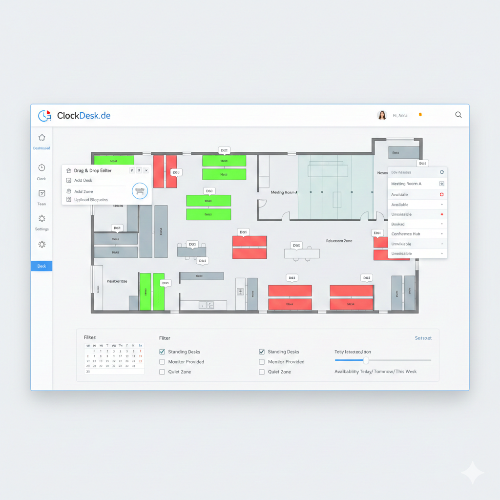 Clockdesk Raumbuchungssoftware - Interaktiver Grundriss mit Arbeitsplatz- und Meeting-Raum-Buchung