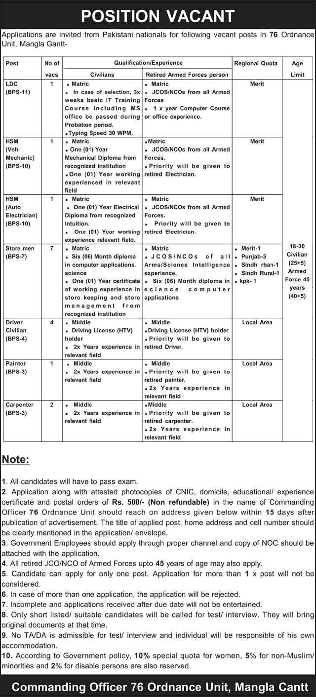 Job advertisement for vacant positions in 76 Ordnance Unit Mangla Cantt including LDC, mechanic, and store man roles.