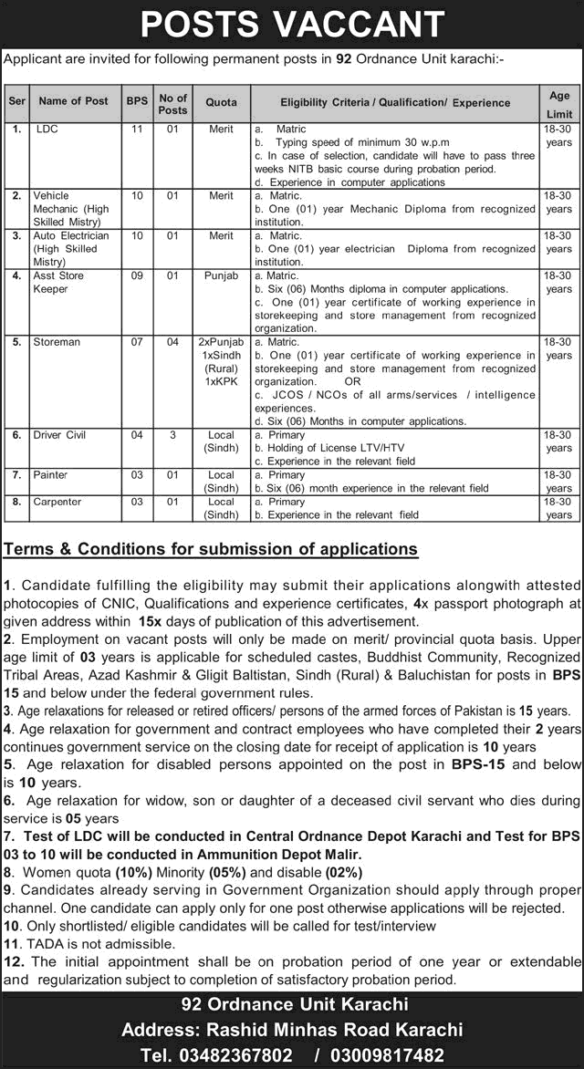 Job advertisement for 92 Ordnance Unit Karachi listing vacancies for LDC, Mechanic, and Storeman roles.