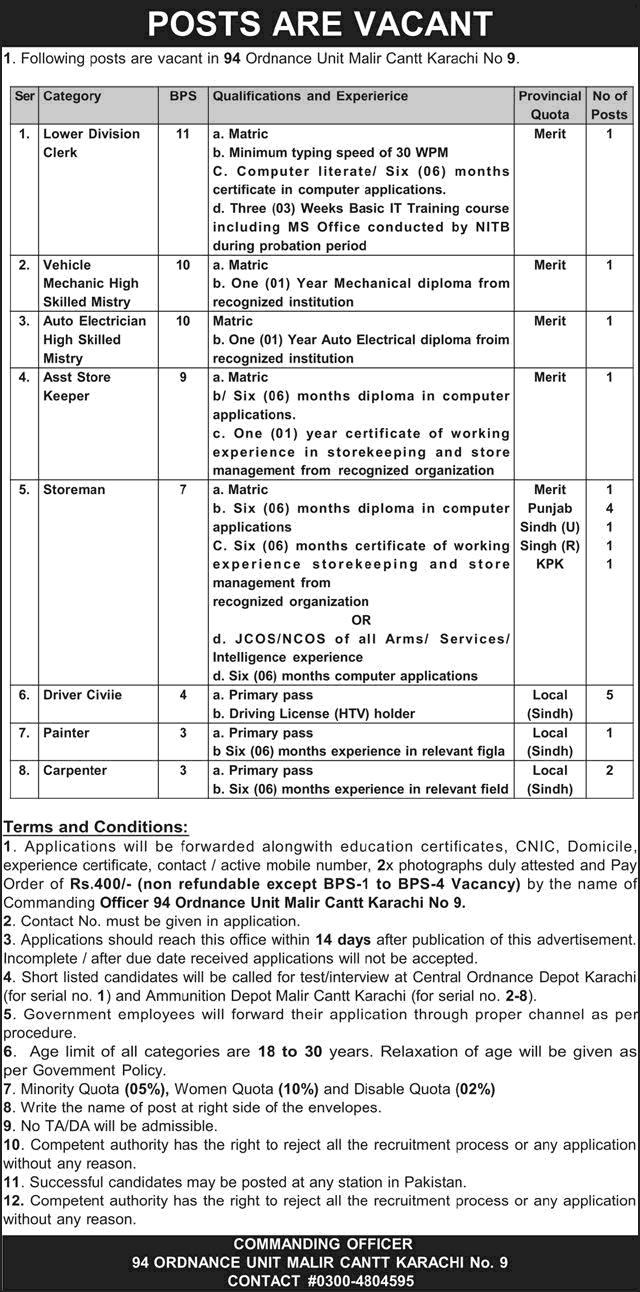 Job advertisement for vacant posts at 94 Ordnance Unit Malir Cantt Karachi including Lower Division Clerk and Storeman.