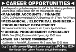 Job advertisement for Lahore office positions including Manager Accounts, Engineers, and HR Coordinator.