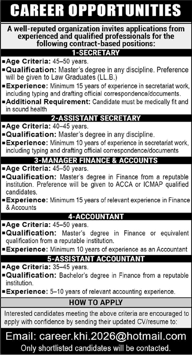 Job advertisement listing career opportunities for Secretary, Manager Finance, and Accountant roles.