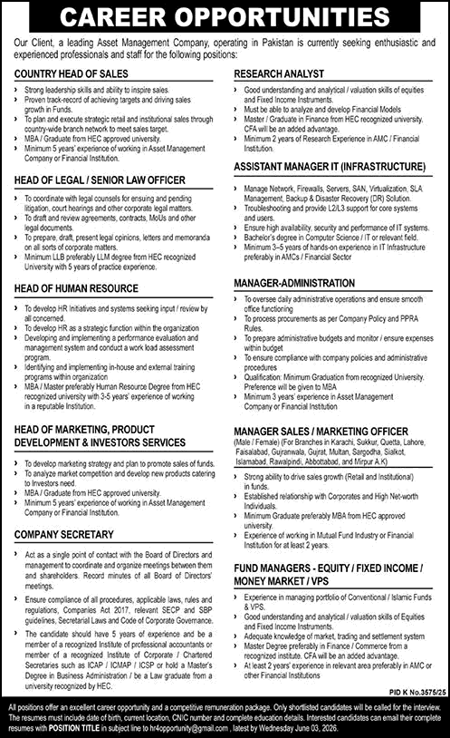 A career opportunities advertisement listing multiple job openings at an asset management company in Pakistan.