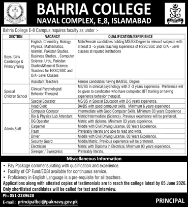 Job advertisement for Bahria College Naval Complex E-8 Islamabad listing faculty and staff vacancies.
