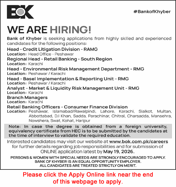 Bank of Khyber job advertisement for Head of Credit Litigation, Analyst, and Branch Manager roles.