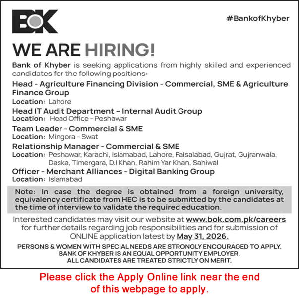 Bank of Khyber recruitment advertisement for various banking job vacancies in Pakistan locations.