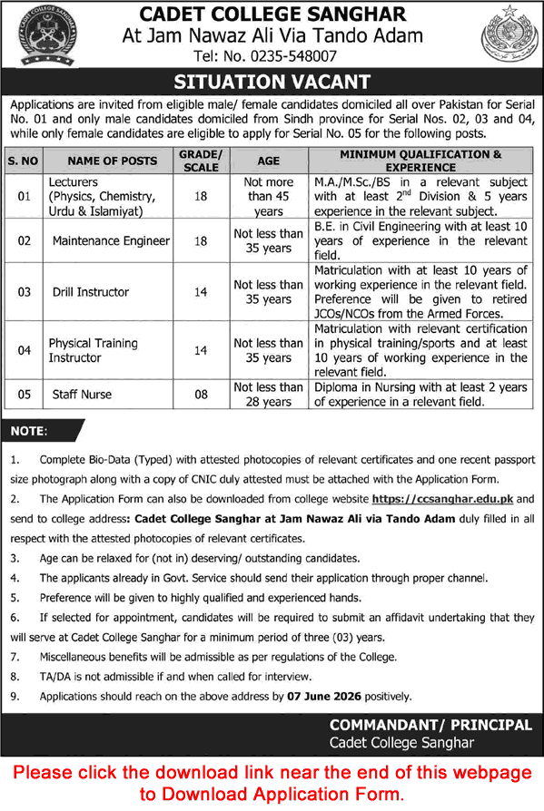 Job advertisement for Cadet College Sanghar hiring lecturers, engineers, and instructors in Sindh.