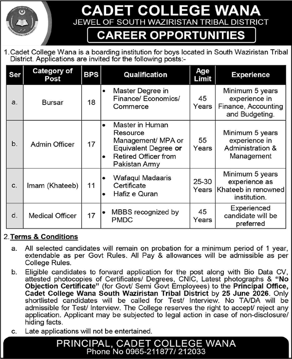 Job advertisement for Cadet College Wana listing career opportunities for Bursar, Admin Officer, Imam, and Medical Officer
