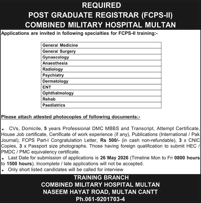 Job advertisement for Post Graduate Registrar FCPS-II at Combined Military Hospital CMH Multan training branch.