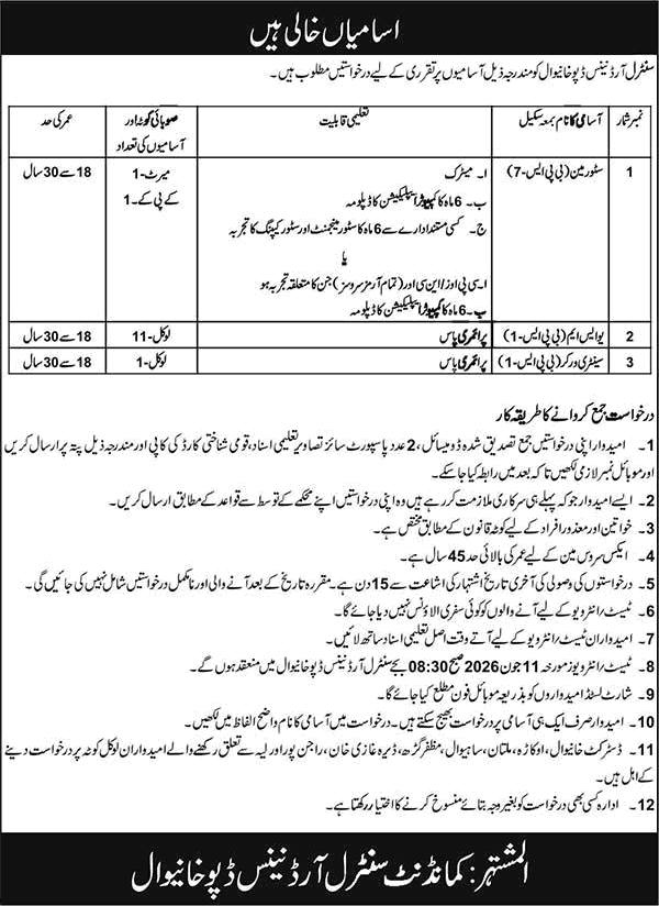 Job advertisement in Urdu for Central Ordnance Depot Khanewal government vacancies and application instructions.