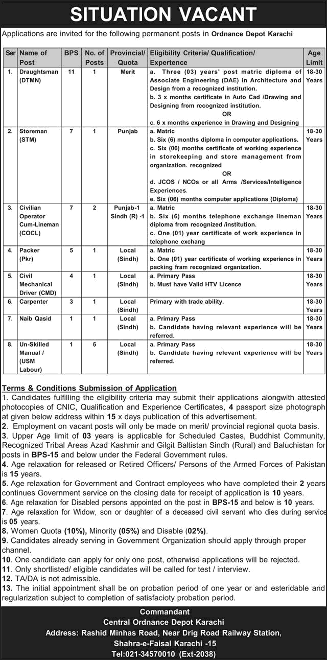 Job advertisement for various vacant positions at the Central Ordnance Depot Karachi including Draughtsman and Storeman