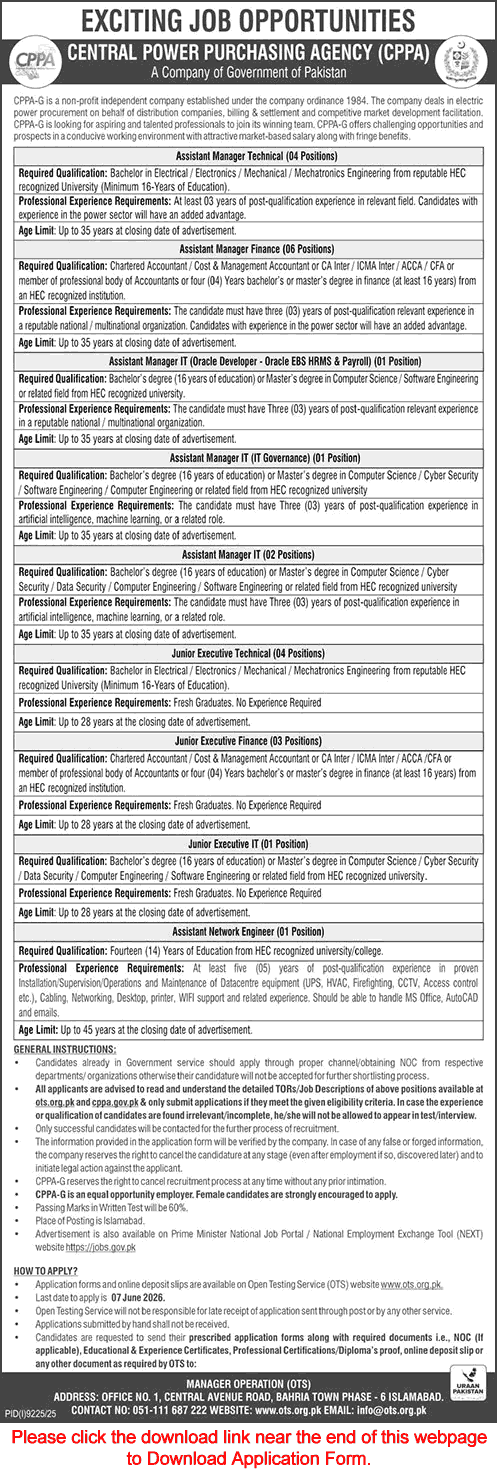 Job advertisement for Central Power Purchasing Agency CPPA Pakistan listing various management and technical vacancies.