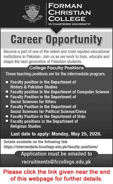 Forman Christian College career opportunity advertisement for college faculty teaching positions in Pakistan.