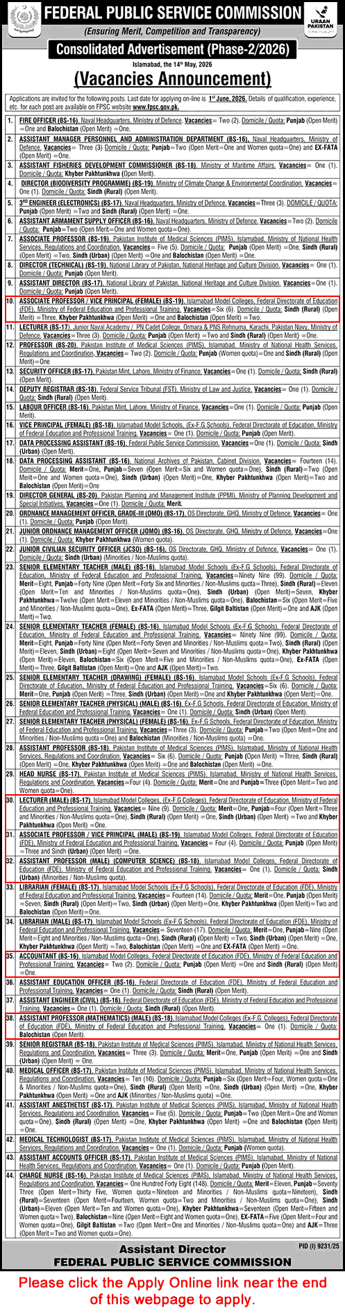 Federal Public Service Commission job advertisement listing vacancies for various government positions in Pakistan.
