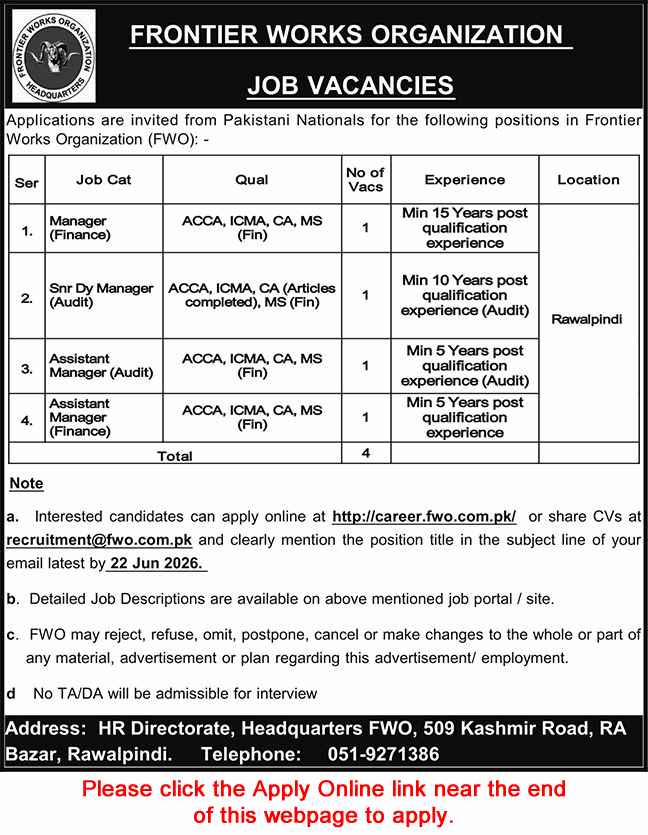 Frontier Works Organization job advertisement for Finance and Audit Manager vacancies in Rawalpindi.
