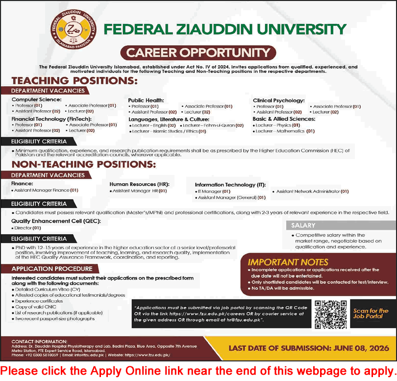 Federal Ziauddin University job advertisement for teaching and non-teaching positions including IT and finance roles.