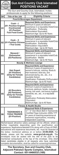 Job advertisement for Gun and Country Club Islamabad featuring positions for Cook, Hair Expert, and Yoga Trainer.