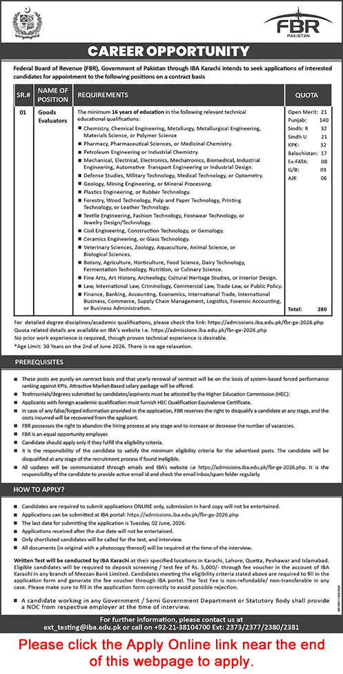 Federal Board of Revenue (FBR) job advertisement for Goods Evaluators, listing educational requirements, quotas