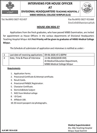 Advertisement for house officer interviews at Divisional Headquarters Teaching Hospital Mirpur for MBBS graduates.