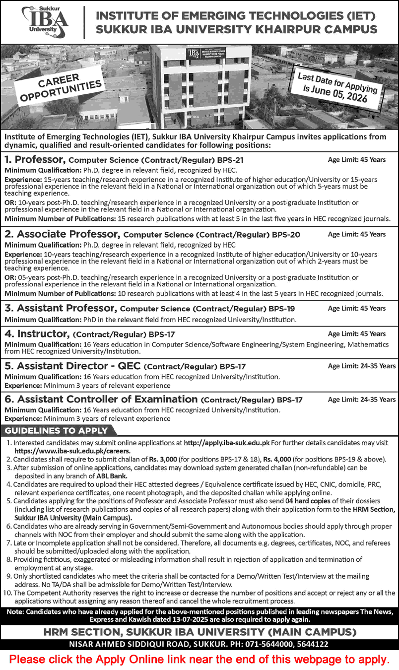 Job advertisement from Sukkur IBA University for Professor and Assistant Director positions at the IET Khairpur Campus.