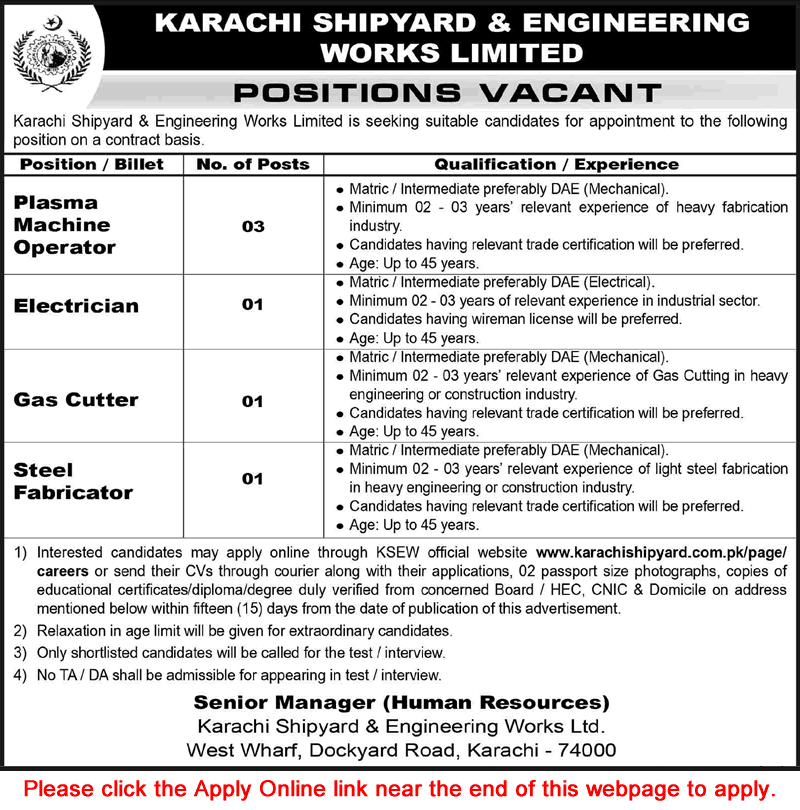 Job advertisement for Karachi Shipyard Engineering Works Limited listing positions for machine operators and electricians.