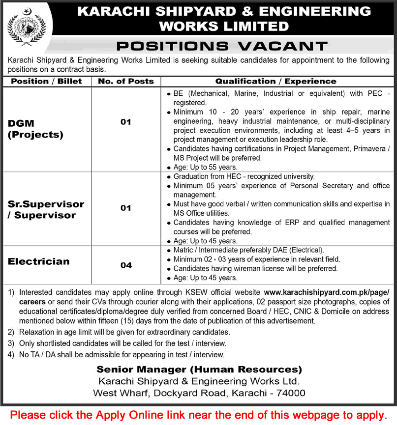 Job advertisement for Karachi Shipyard & Engineering Works Limited listing vacancies for DGM Projects, Supervisor, and