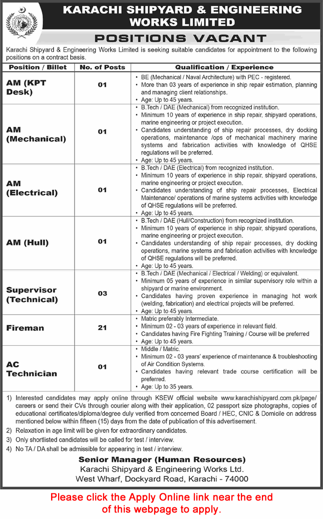 Job advertisement for various positions at Karachi Shipyard and Engineering Works Limited including Assistant Manager and
