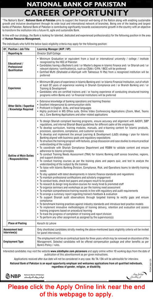 Job advertisement for a Learning Manager at the National Bank of Pakistan showing career opportunity details and
