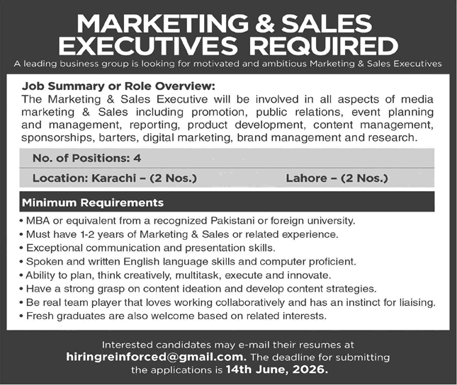 Hiring advertisement for Marketing and Sales Executive jobs in Karachi and Lahore with job summary and requirements.