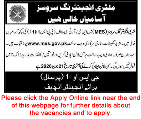 Military Engineering Services MES jobs advertisement in Urdu for GS O-1 Personnel vacancies.