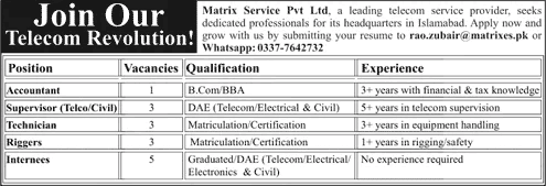 Job advertisement for Matrix Service Pvt Ltd telecom careers in Islamabad including positions for Accountant, Supervisor